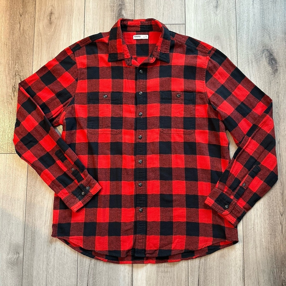 Sonoma Men's Button‎ Down Shirt XXL Buffalo Plaid Red Black